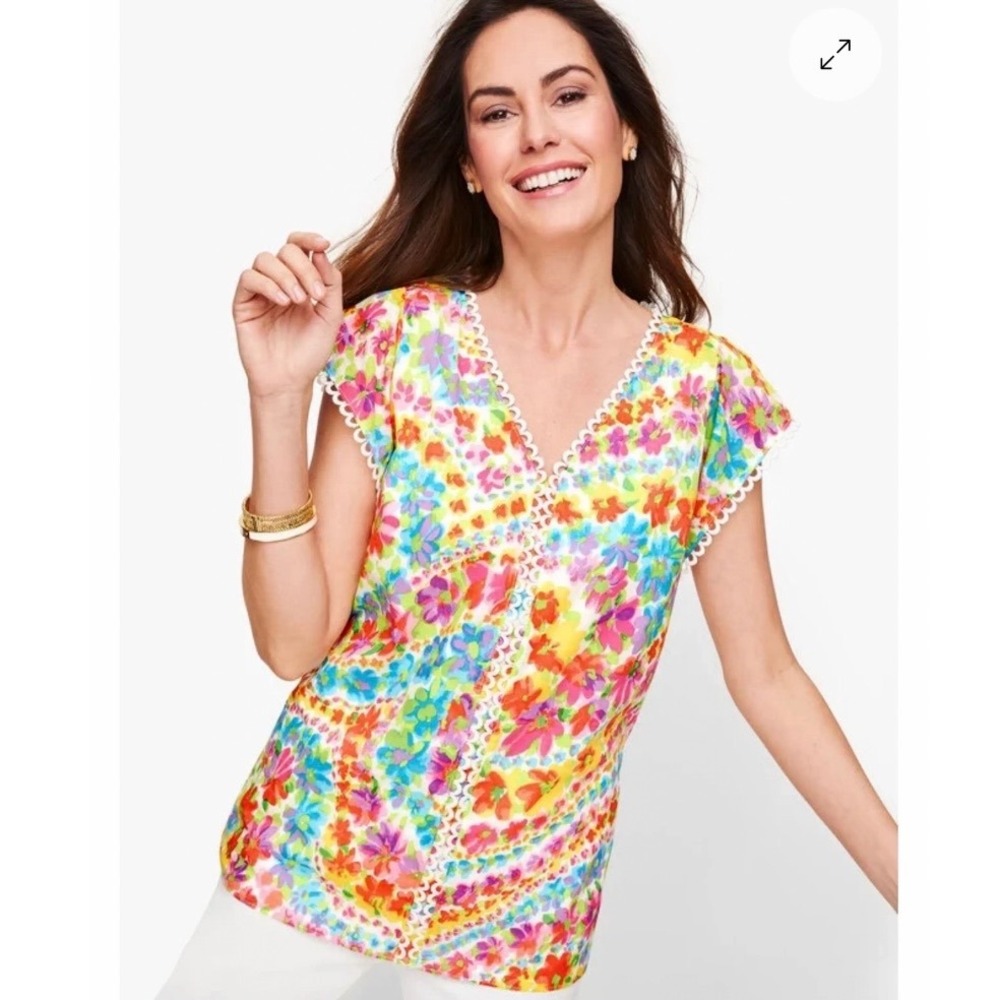 Talbots V Neck Floral Rainbow Cotton Blouse Scalloped Trim Women's‎ XL Petite